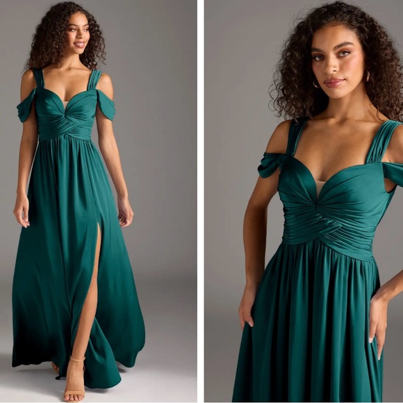 Azazie Dresses & Skirts - Azazie Peacock A-Line Off the Shoulder Stretch Satin Dress Size Large